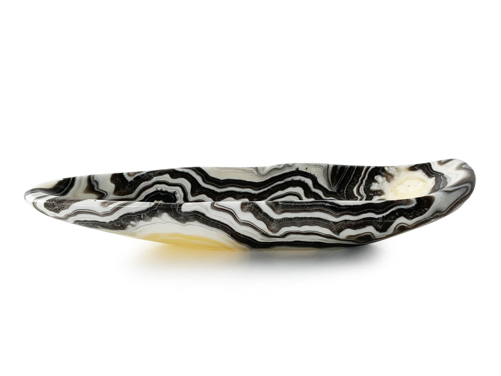 Polished Zebra onyx snack bowl free shape 13-17 cm long X 7-9 cm tall