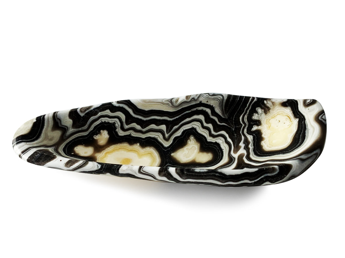 Polished Zebra onyx snack bowl free shape 13-17 cm long X 7-9 cm tall