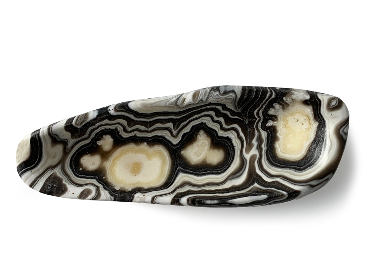 Polished Zebra onyx snack bowl free shape 13-17 cm long X 7-9 cm tall