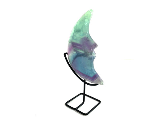 Polished fluorite flat moon with metal base 12 cm tall