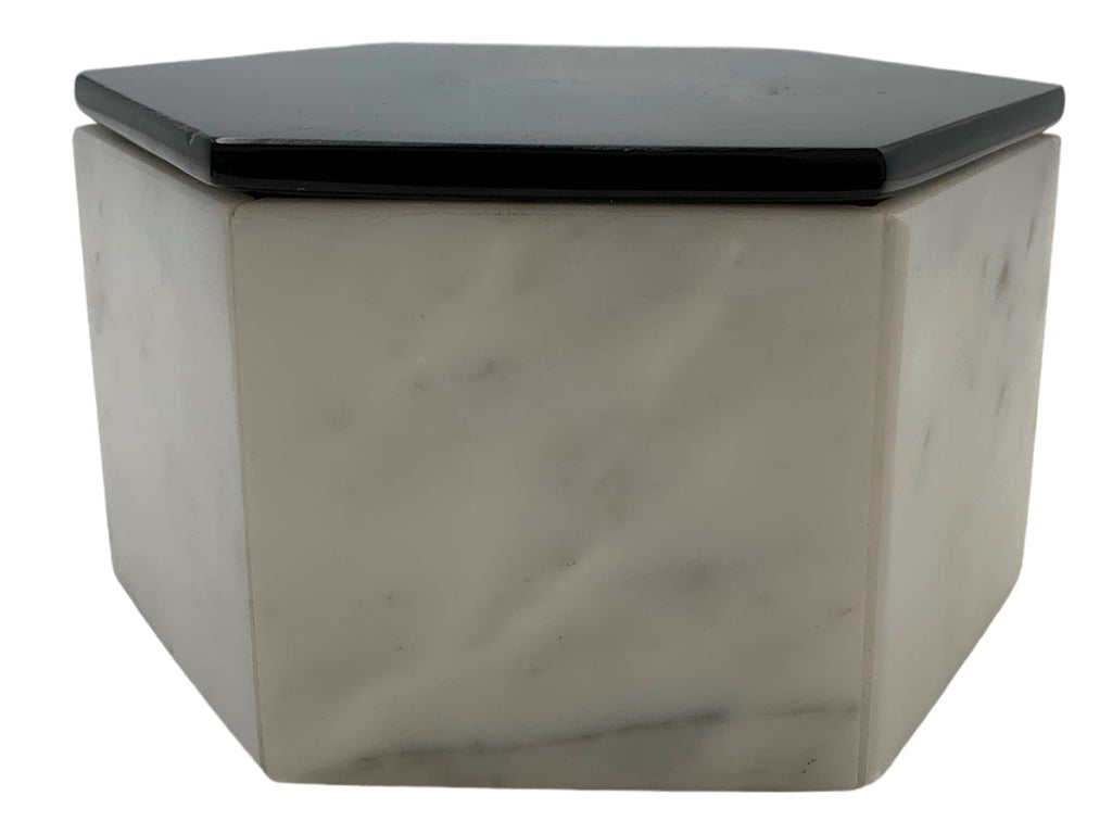 White Marble Calacate Hexagonal Jewelry Box W/Black Marble Lid Polished 14.5X12X8 Cm