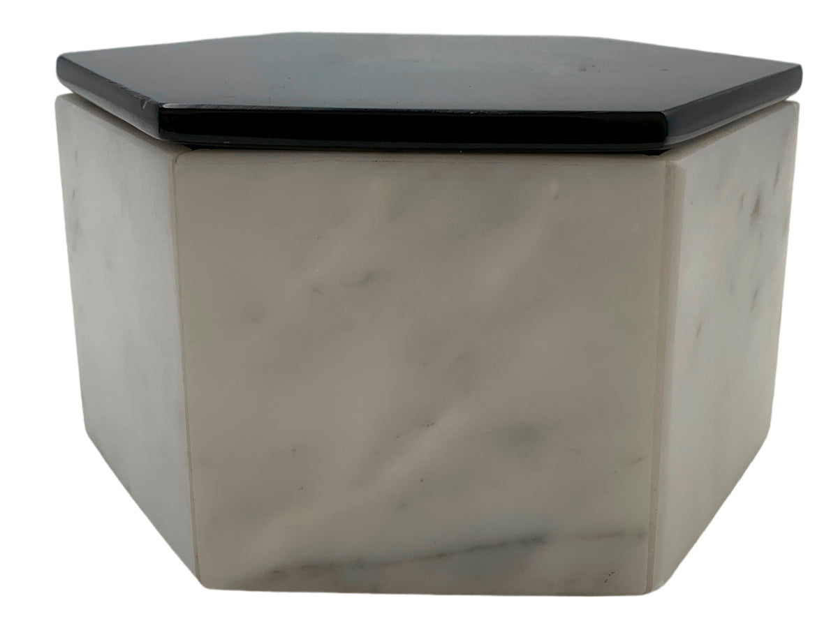 White Marble Calacate Hexagonal Jewelry Box W/Black Marble Lid Polished 14.5X12X8 Cm