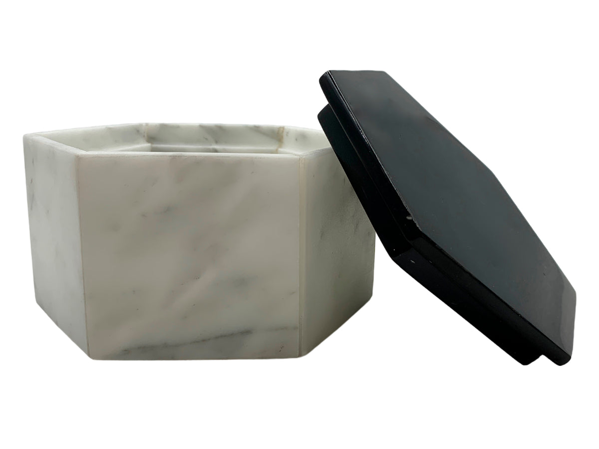 White Marble Calacate Hexagonal Jewelry Box W/Black Marble Lid Polished 14.5X12X8 Cm