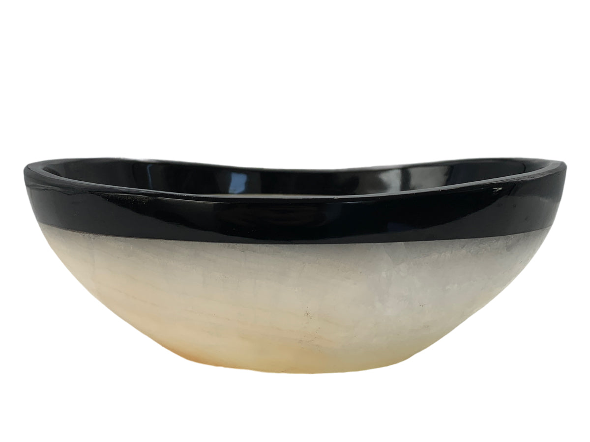 White Onyx Oval Bowl Black Edge Polished 20X15X7 Cm