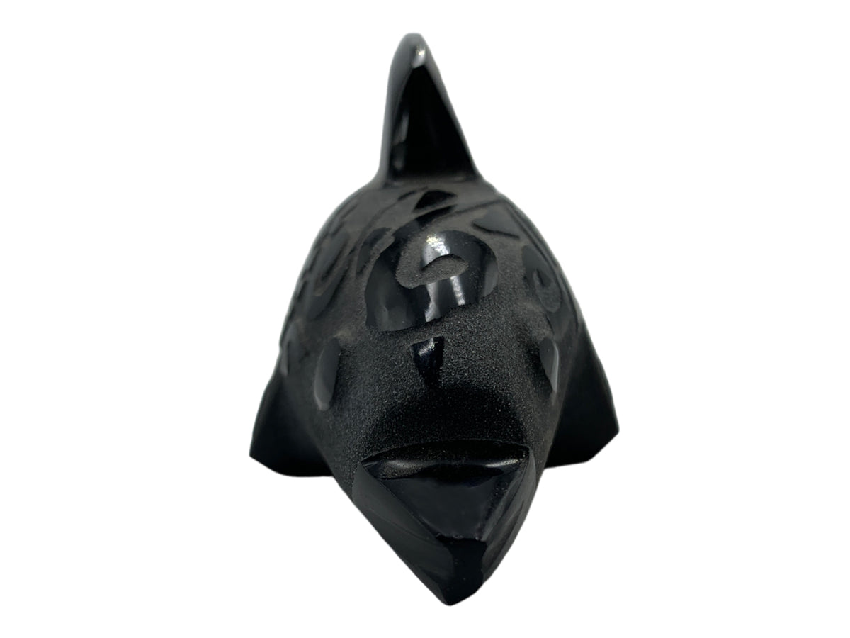 Black Obsidian Dolphin with Aztec Carvings