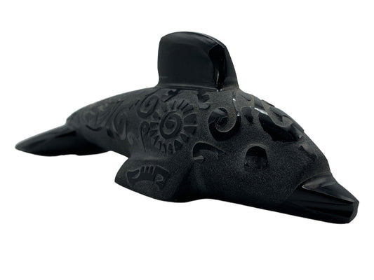Black Obsidian Dolphin with Aztec Carvings