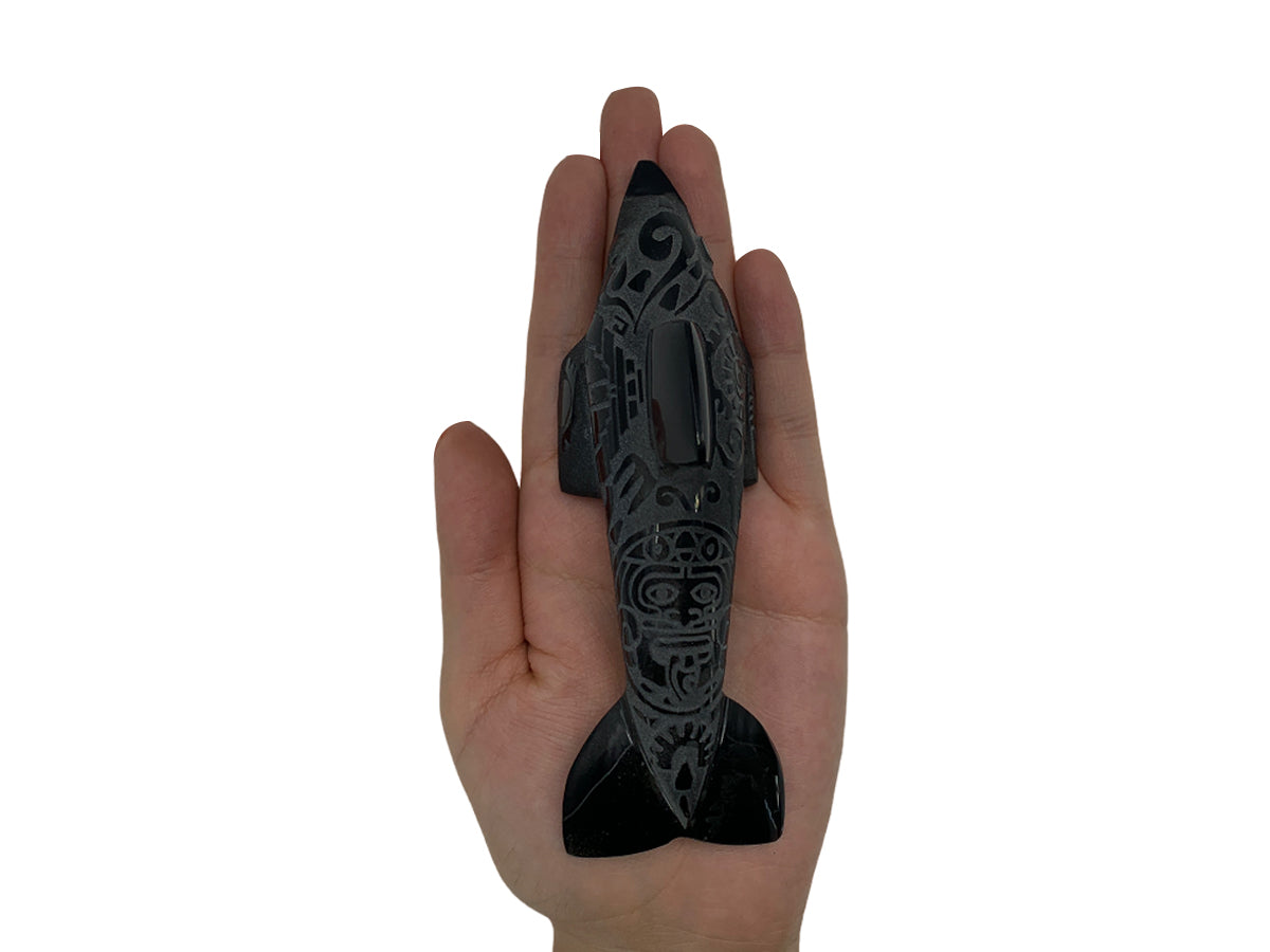 Black Obsidian Dolphin with Aztec Carvings