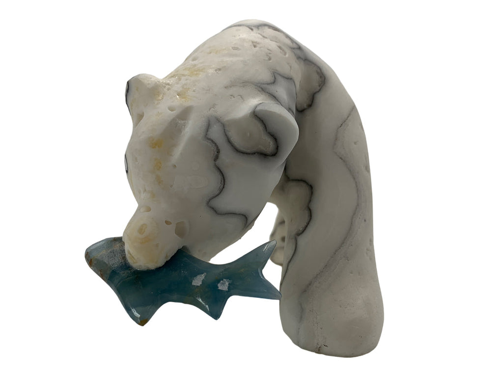 Zebra Calcite Grizzly Bear W/ Blue Onix Fish