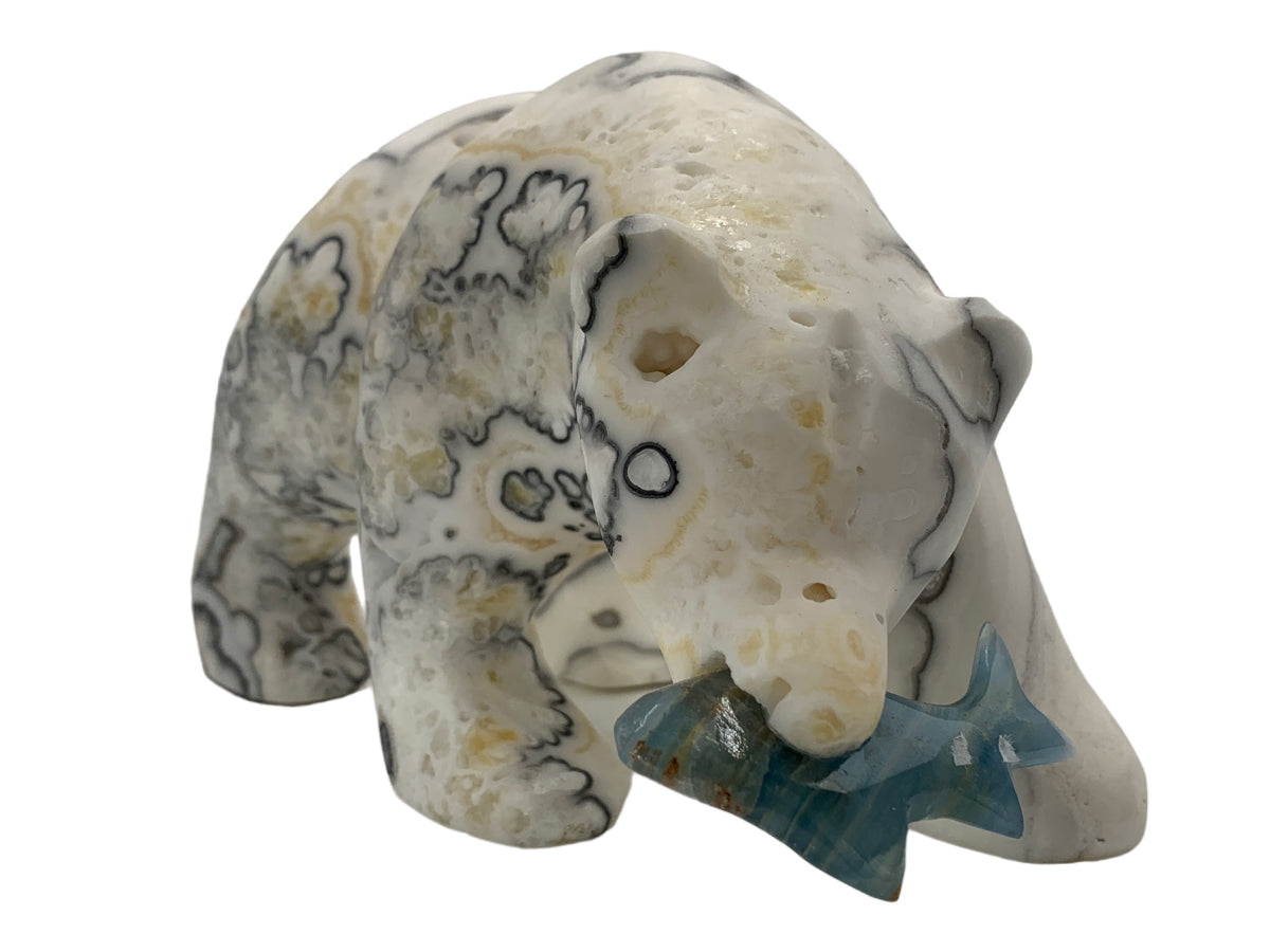 Zebra Calcite Grizzly Bear W/ Blue Onix Fish