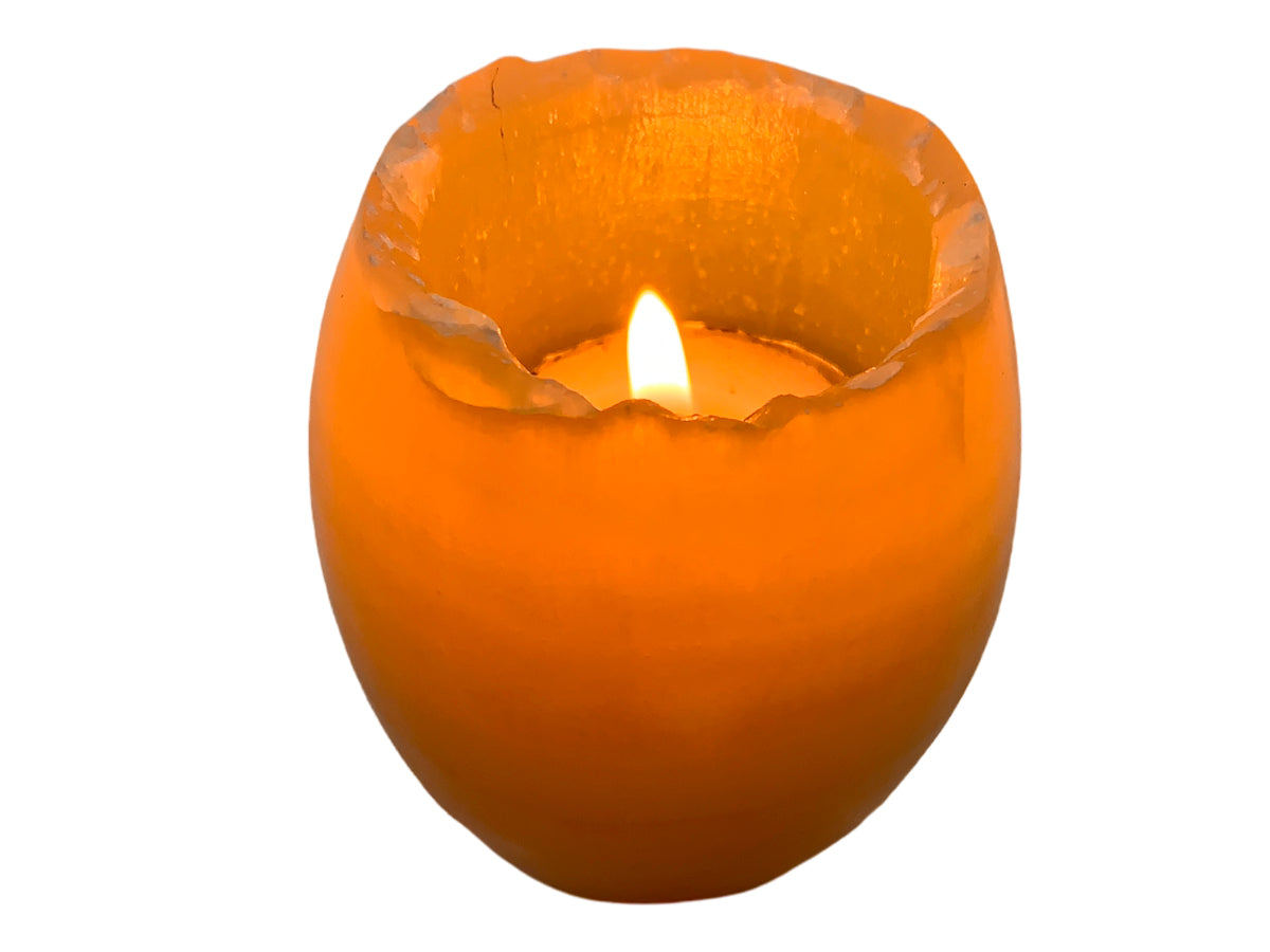 Orange Calcite Oval Candle Holder Rustic Edge 6X6X7 Cm