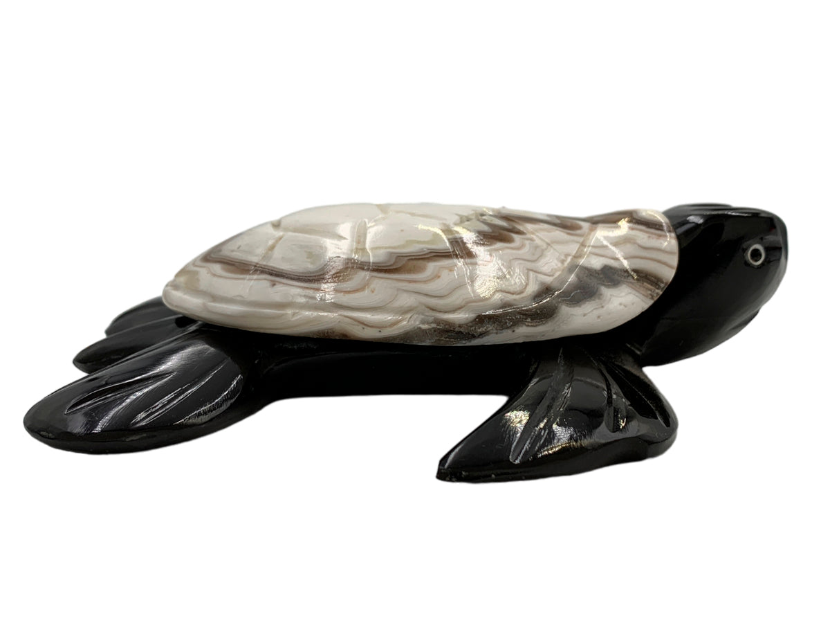 Black Marble Sea Turtle W/ Zebra Onyx Shell  15X14X4 Cm