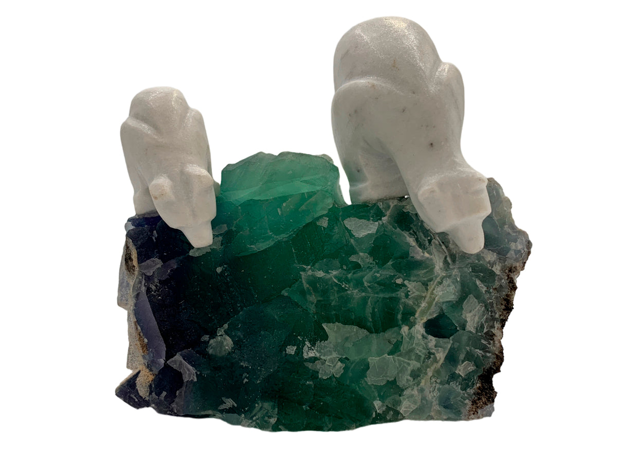 White Marble Pair Polar Bear W/Irregular Base Fluorite