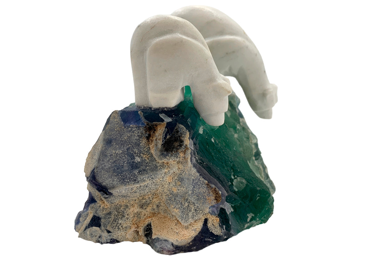 White Marble Pair Polar Bear W/Irregular Base Fluorite 1.1-2 Kgm
