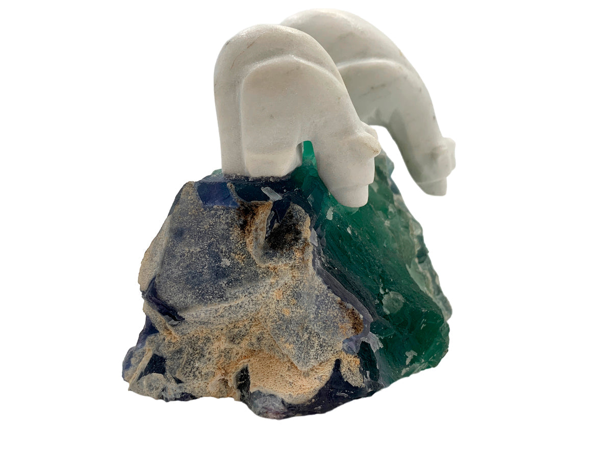 White Marble Pair Polar Bear W/Irregular Base Fluorite