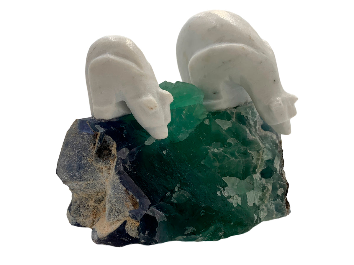 White Marble Pair Polar Bear W/Irregular Base Fluorite